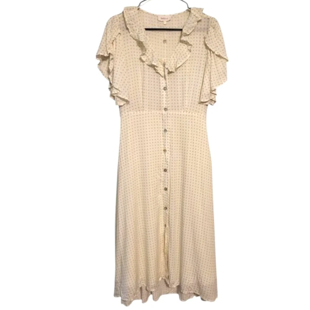 BÖHME Ivory/Cream Polka Dot Femme Midi Dress Ruffled V-neck Button Front NWT LG - Picture 2 of 15